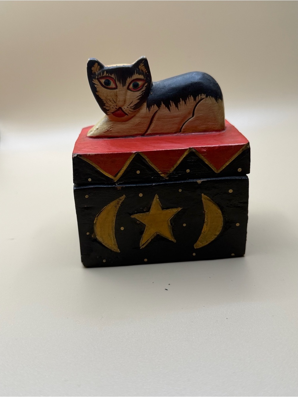 Hand-Painted Black & Red Cat Trinket Box